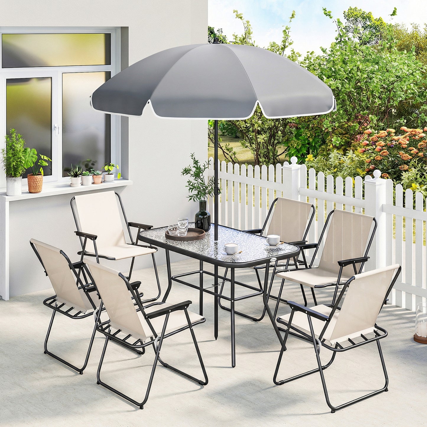 Outsunny Conjunto De Mesa Y Sillas Jardín De 8 Piezas Crema_1