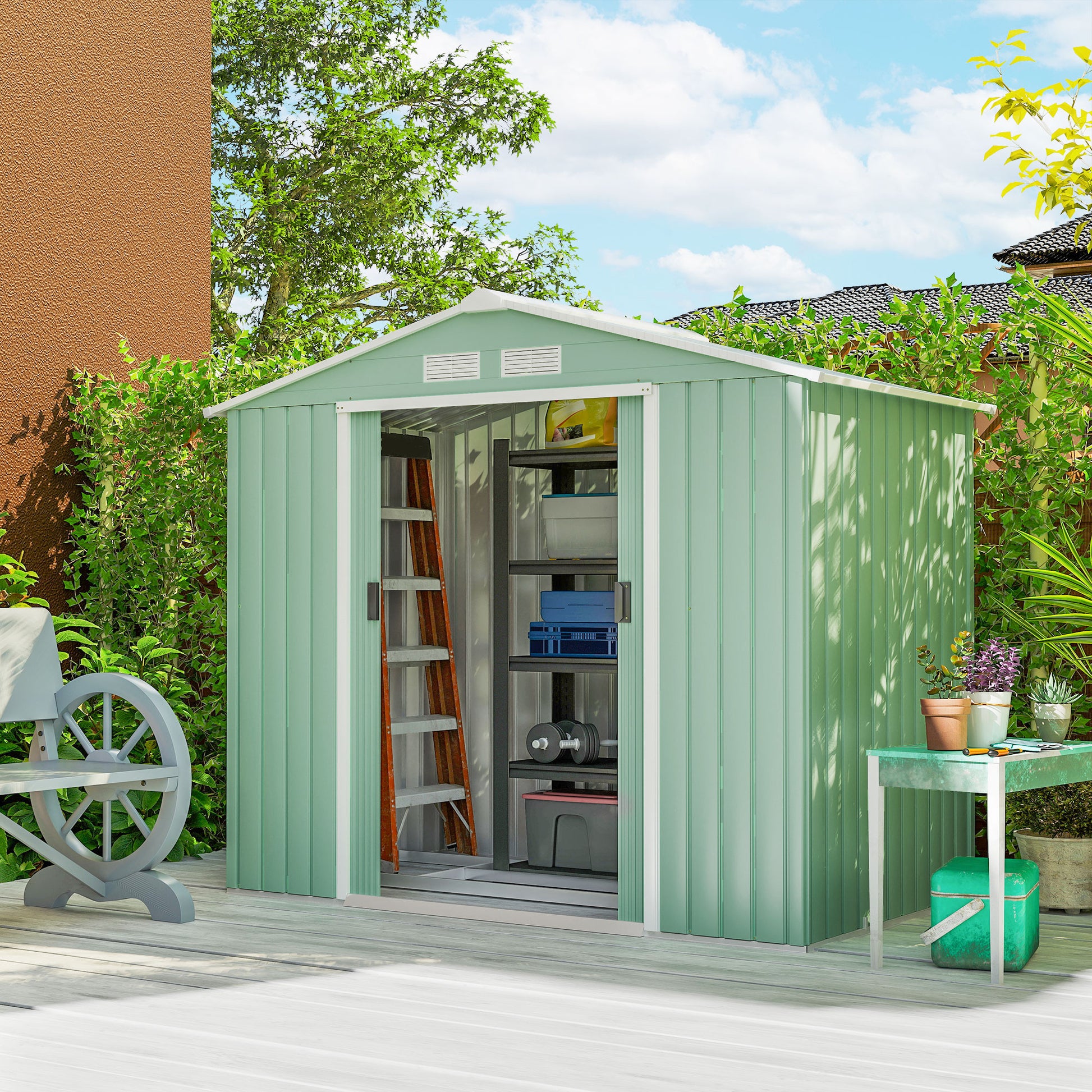 Outsunny Caseta De Jardín 213x130x185 Cm Con 2 Puertas Correderas Y 4 Ventanas_1