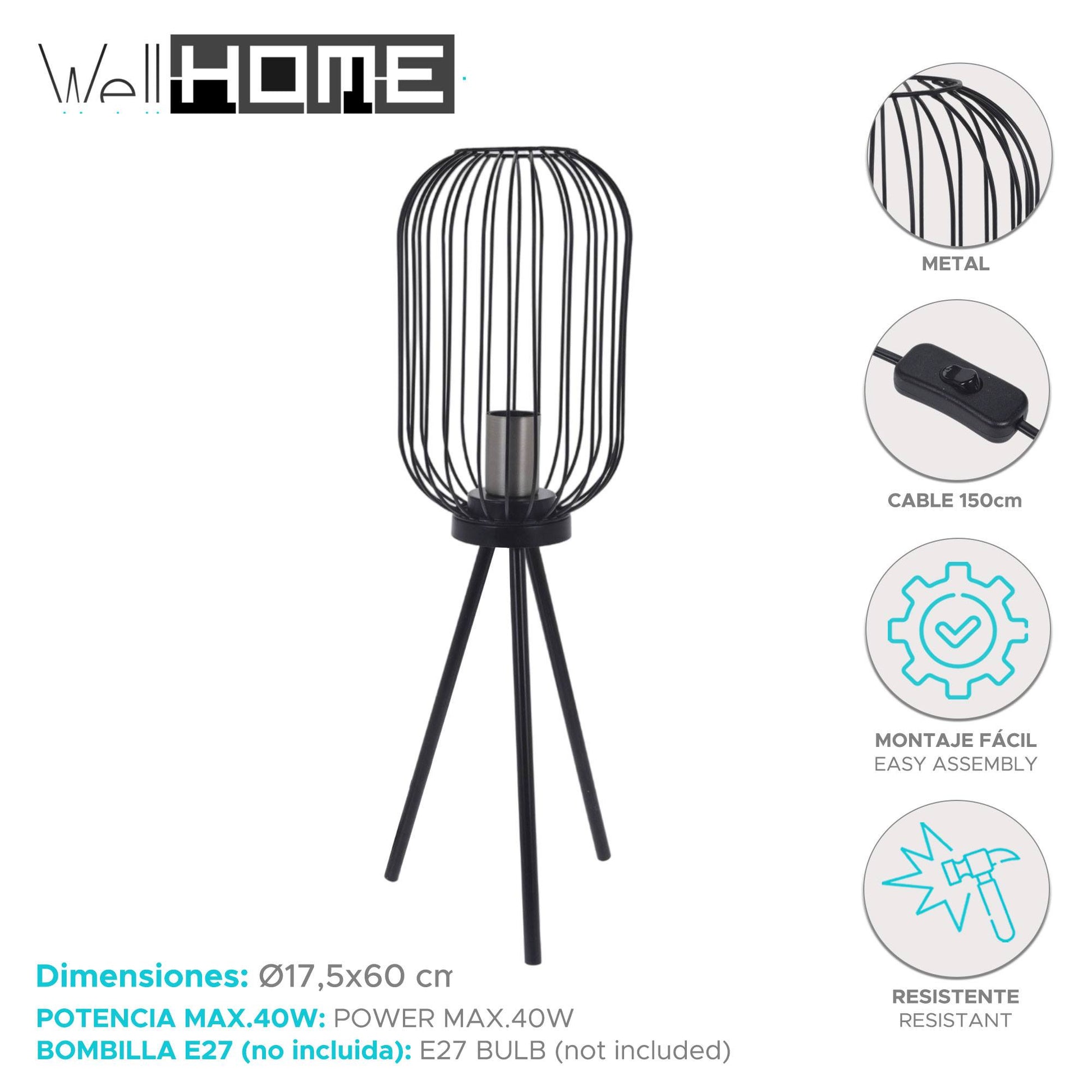 Well Home Lámpara De Pie En Metal Color Negro Ø60x175cm_1