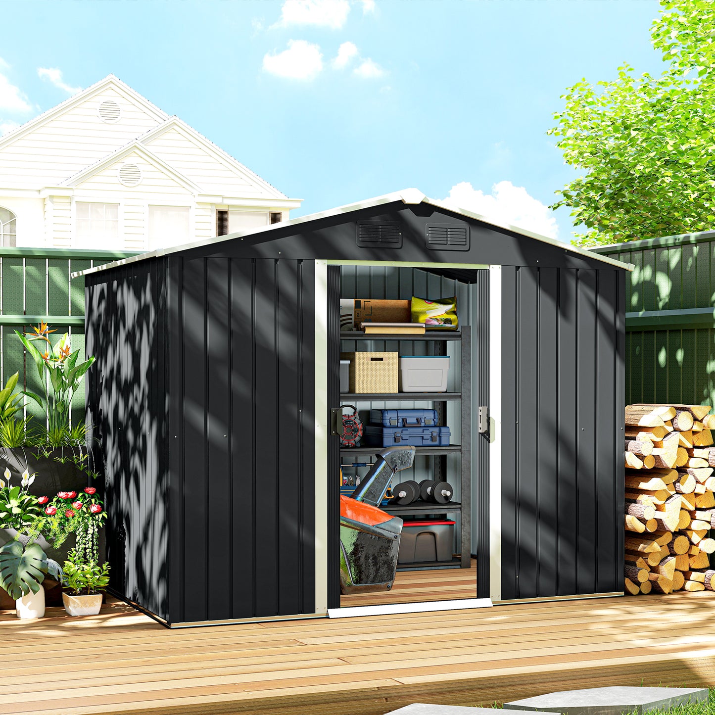 Outsunny Caseta De Jardín 3,6m² 236x174x190 Cm Con Puertas Correderas 4 Ventanas_1