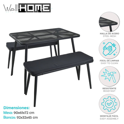 Well Home - Muebles De Jardín Mesa, 2 Sillas Malla Y Acero Con Cojines Gris Oscuro