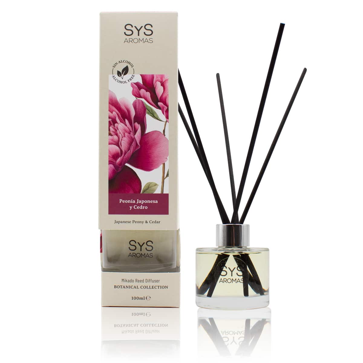 Sys Aromas Ambientador Mikado Peonía Japonesa Y Cedro - Botanical - Sin Alcohol - Larga Duración - 100 Ml Con 5 Varillas_0