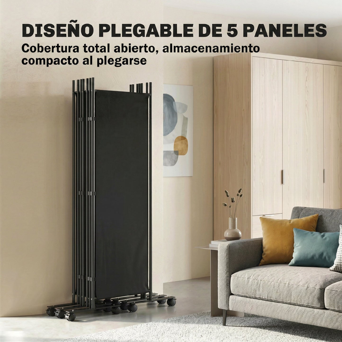 Outsunny Biombo Plegable De 5 Paneles Con 12 Ruedas_4