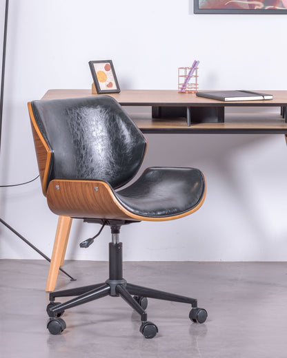 Silla De Oficina Retro En Madera De Nogal Y Polipiel - Nordic_1