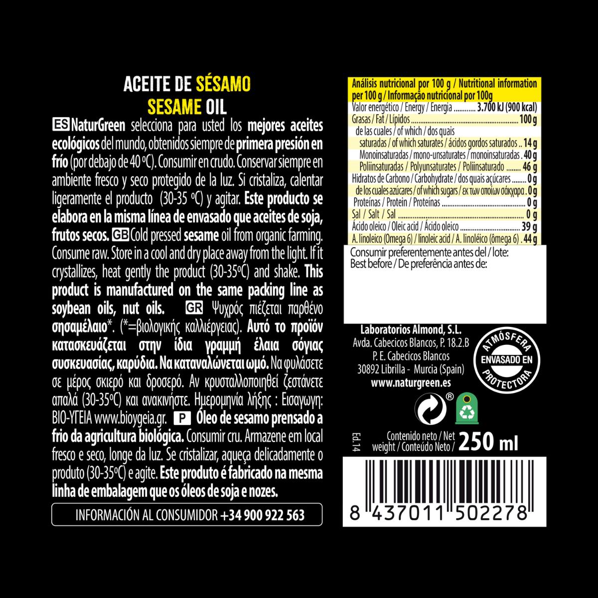 Aceite de Sésamo BIO  NaturGreen. 250 ml