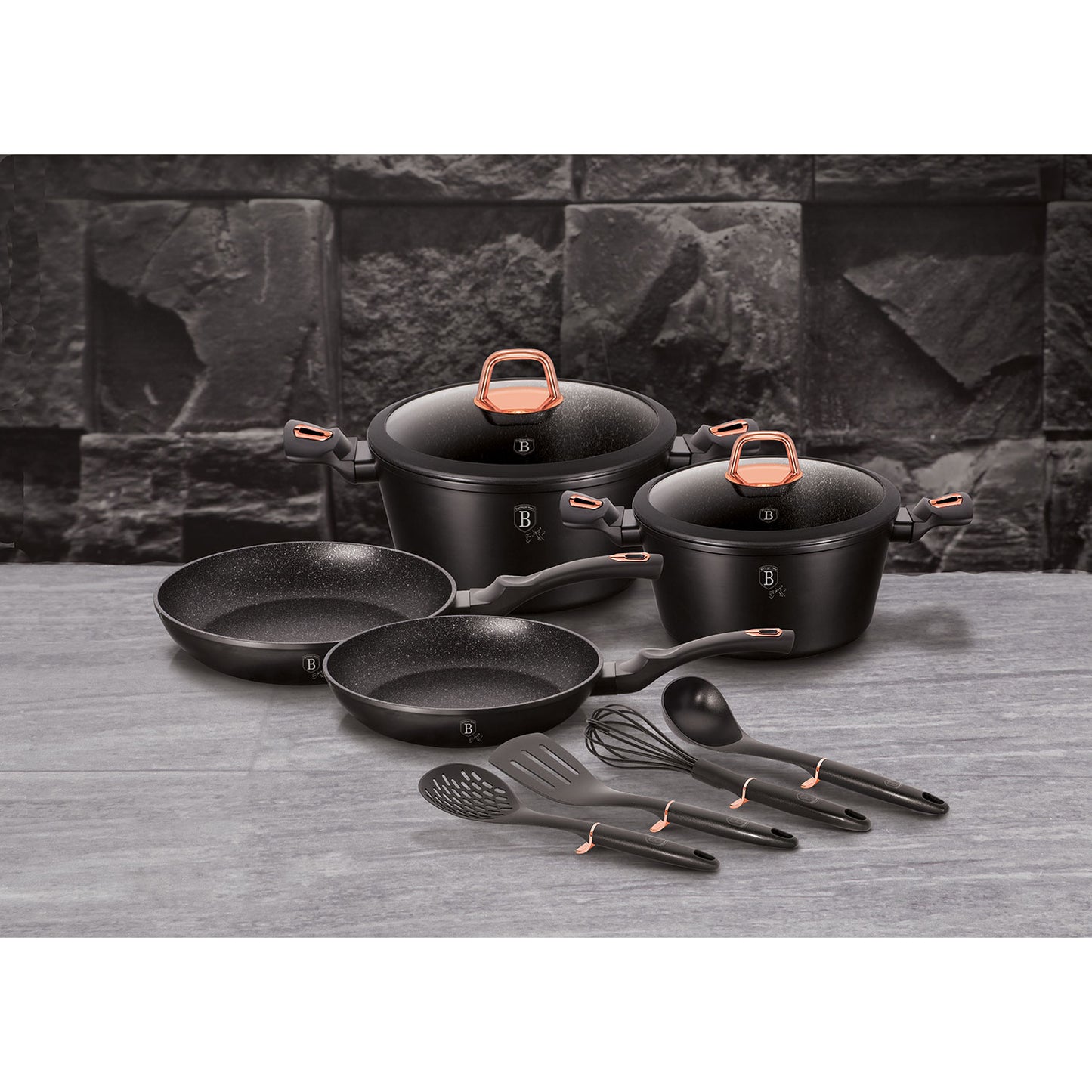 Batería Cocina Inducción 10 Piezas, Antiadherente Mármol Sin Pfoa, Aluminio, Cazuelas Sartenes Berlinger Haus Black Rose Negro_2