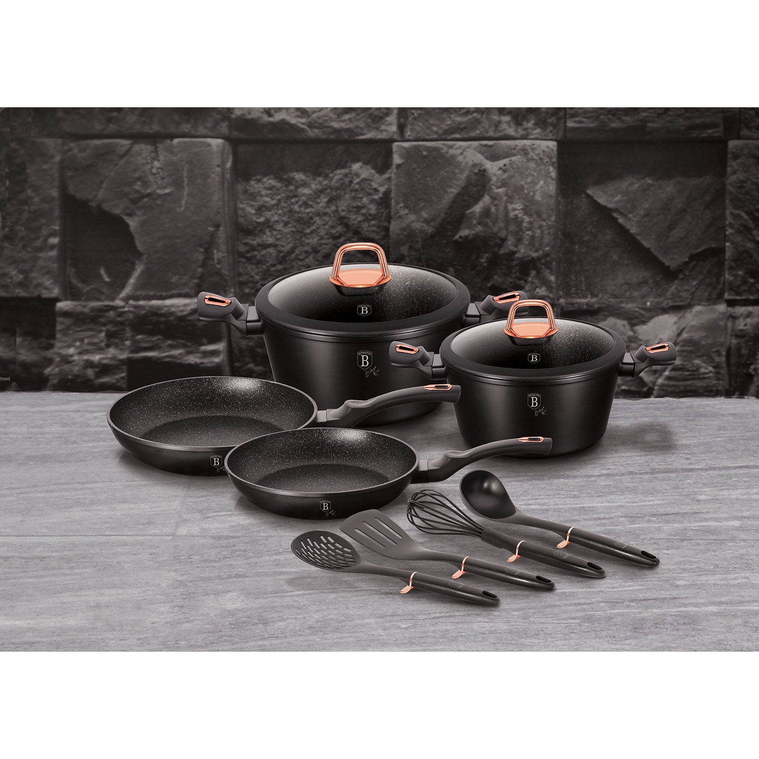 Batería Cocina Inducción 10 Piezas, Antiadherente Mármol Sin Pfoa, Aluminio, Cazuelas Sartenes Berlinger Haus Black Rose Negro_2