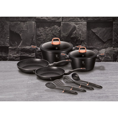 Batería Cocina Inducción 10 Piezas, Antiadherente Mármol Sin Pfoa, Aluminio, Cazuelas Sartenes Berlinger Haus Black Rose Negro_2
