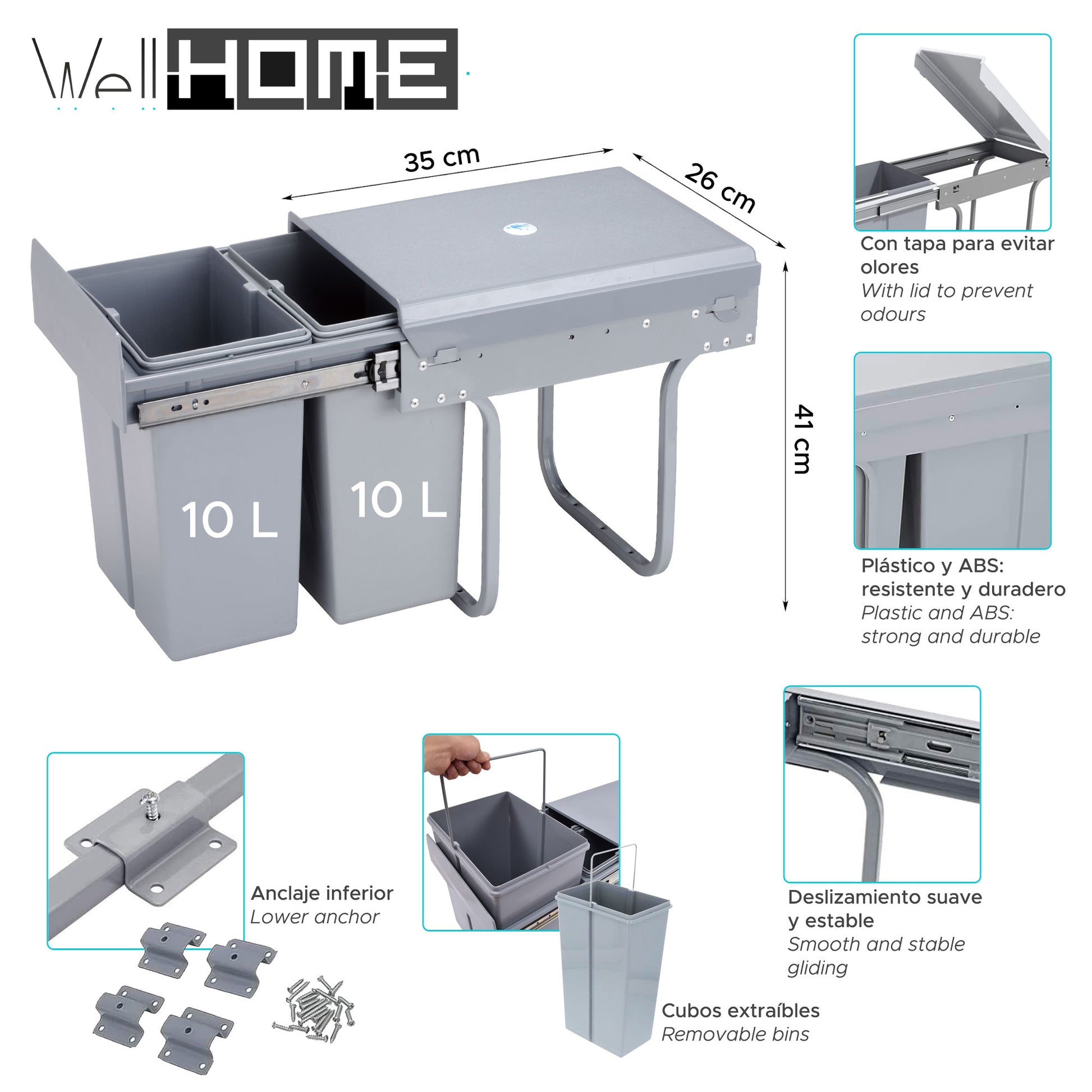 Cubo De Reciclaje 2x10l Bajo Fregadero, Extracción Manual Y Tapa_1