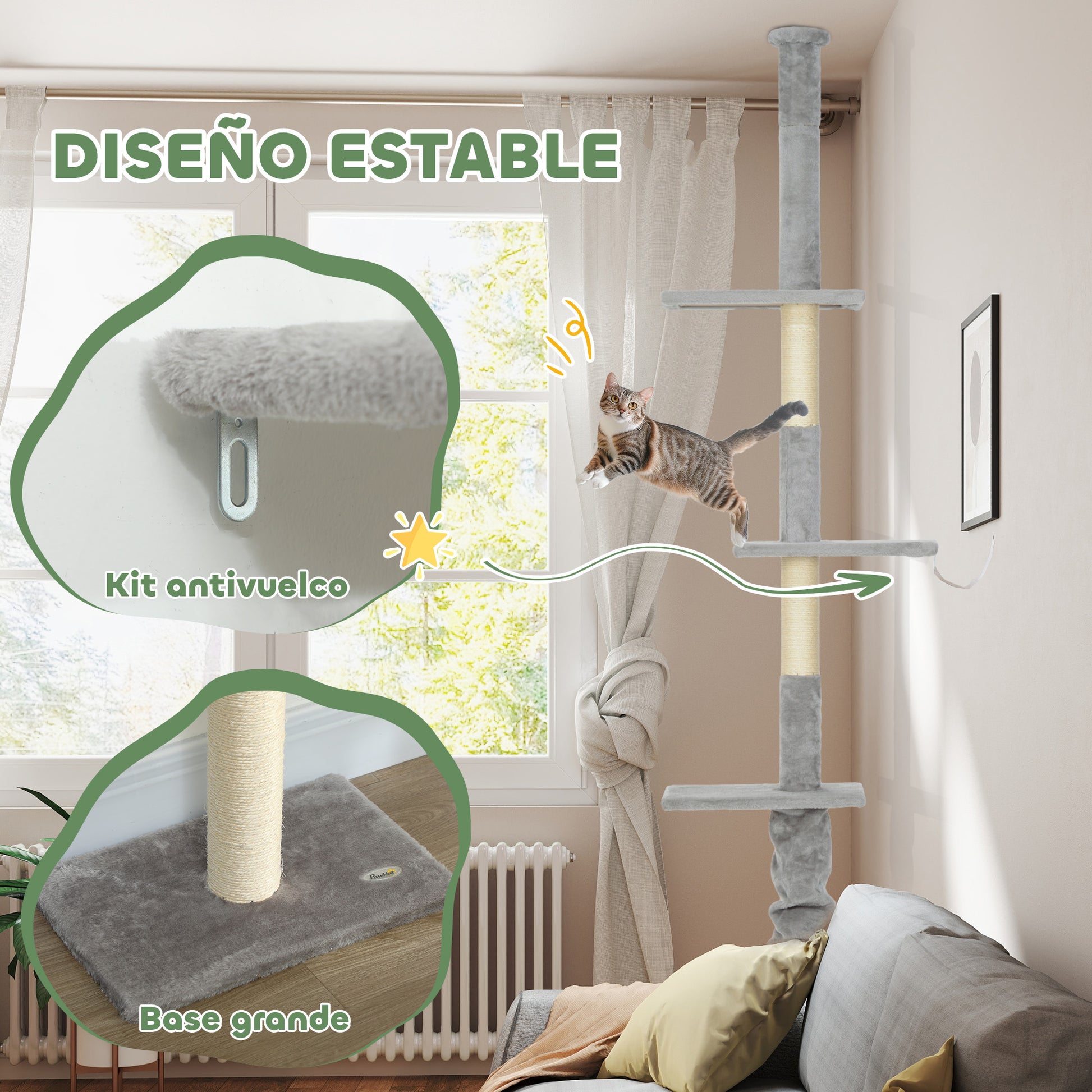 Pawhut Árbol Para Gatos De Suelo A Techo 225-275 Cm Con Plataformas Gris Claro_5