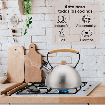 Tetera Con Silbato, Hervidor De Agua 2,5l, Inducción, Acero Inox, Vintage, Mango Madera, Briebe, Wooden, Acero Inoxidable