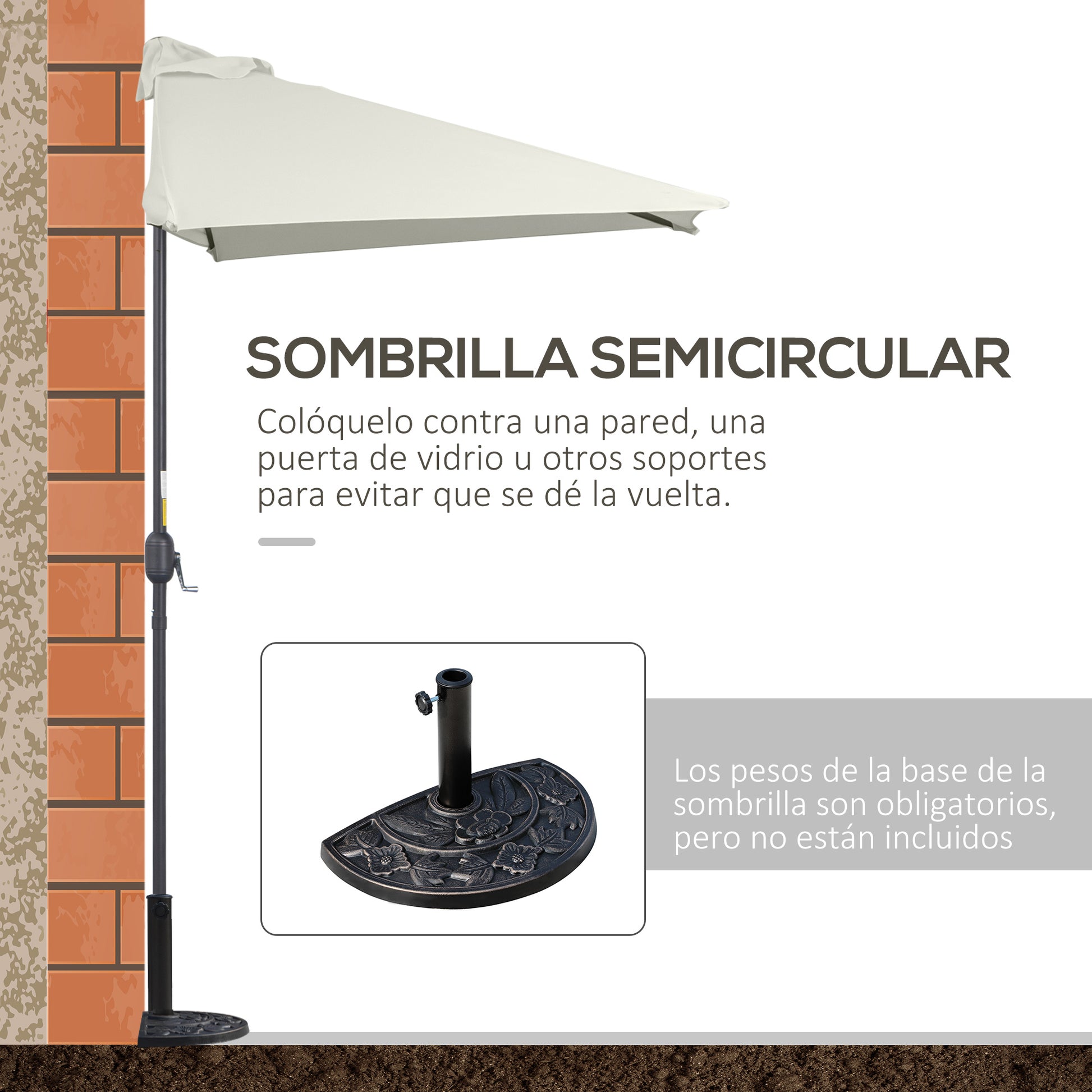 Outsunny Media Sombrilla 230x130x245 Cm Parasol De Pared Con Manivela Beige_4