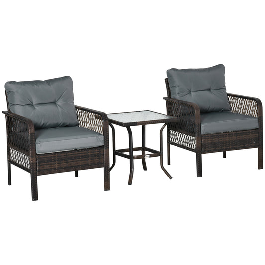 Outsunny Conjunto De Muebles De Ratán Jardín 2 Sillones Y Mesa De Vidrio Marrón_0