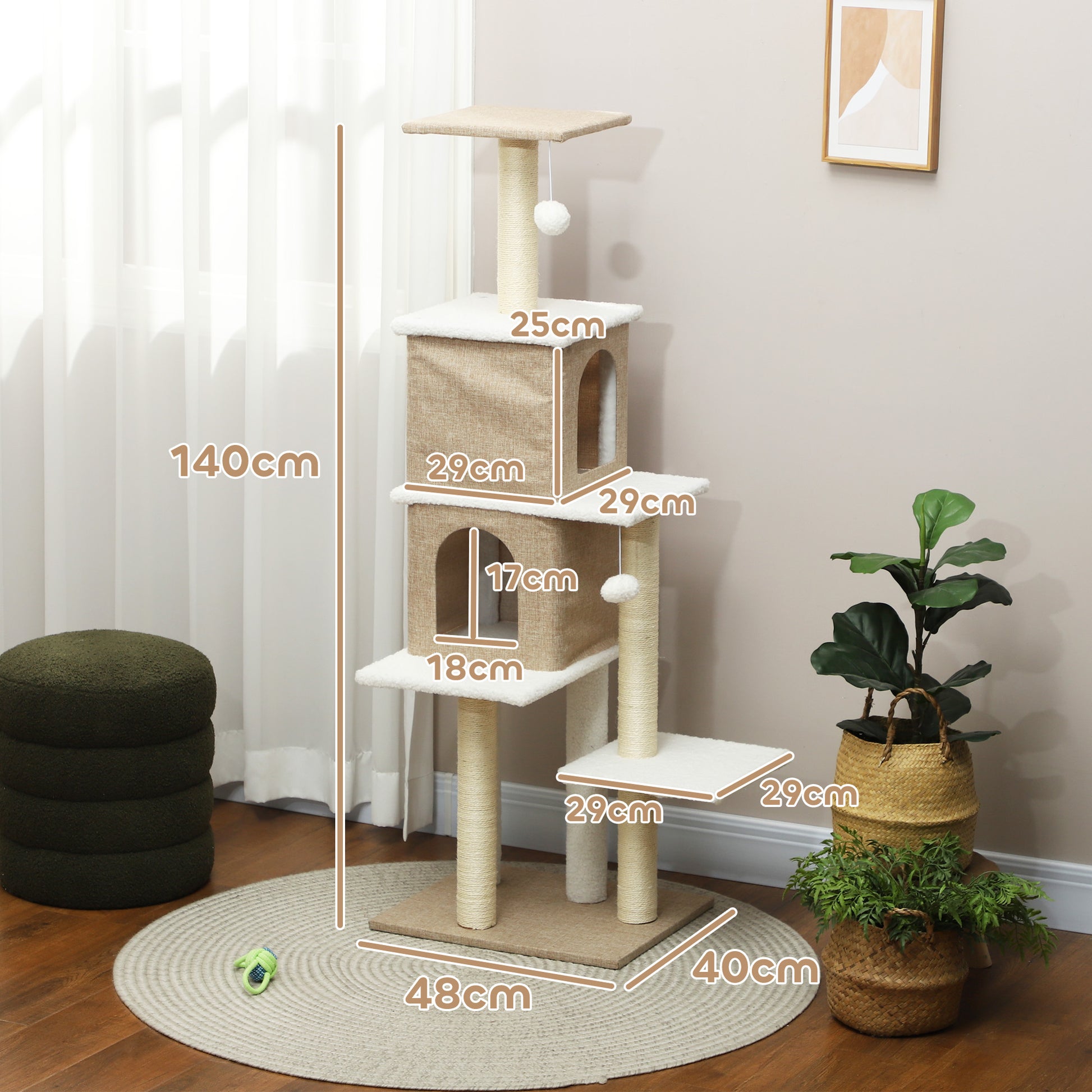 Pawhut Árbol Rascador Para Gatos Altura 140 Cm Con 2 Nidos Marrón Claro_2