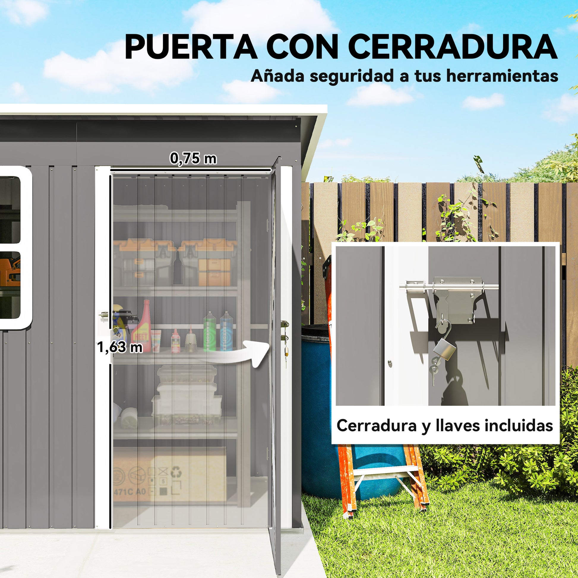 Outsunny Caseta De Jardín 221x133x190 Cm Con Ventana Y Puerta Con Cerradura Gris_5