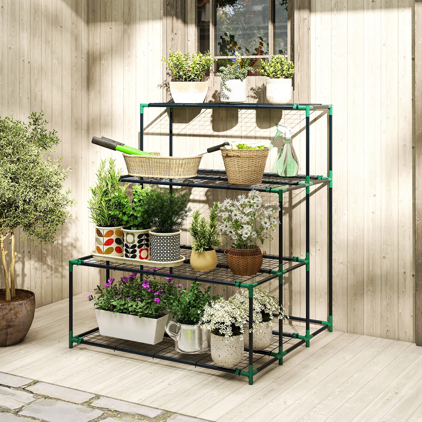Outsunny Soporte Para Plantas De 4 Niveles De Acero 94x84x110 Cm Verde Oscuro_1