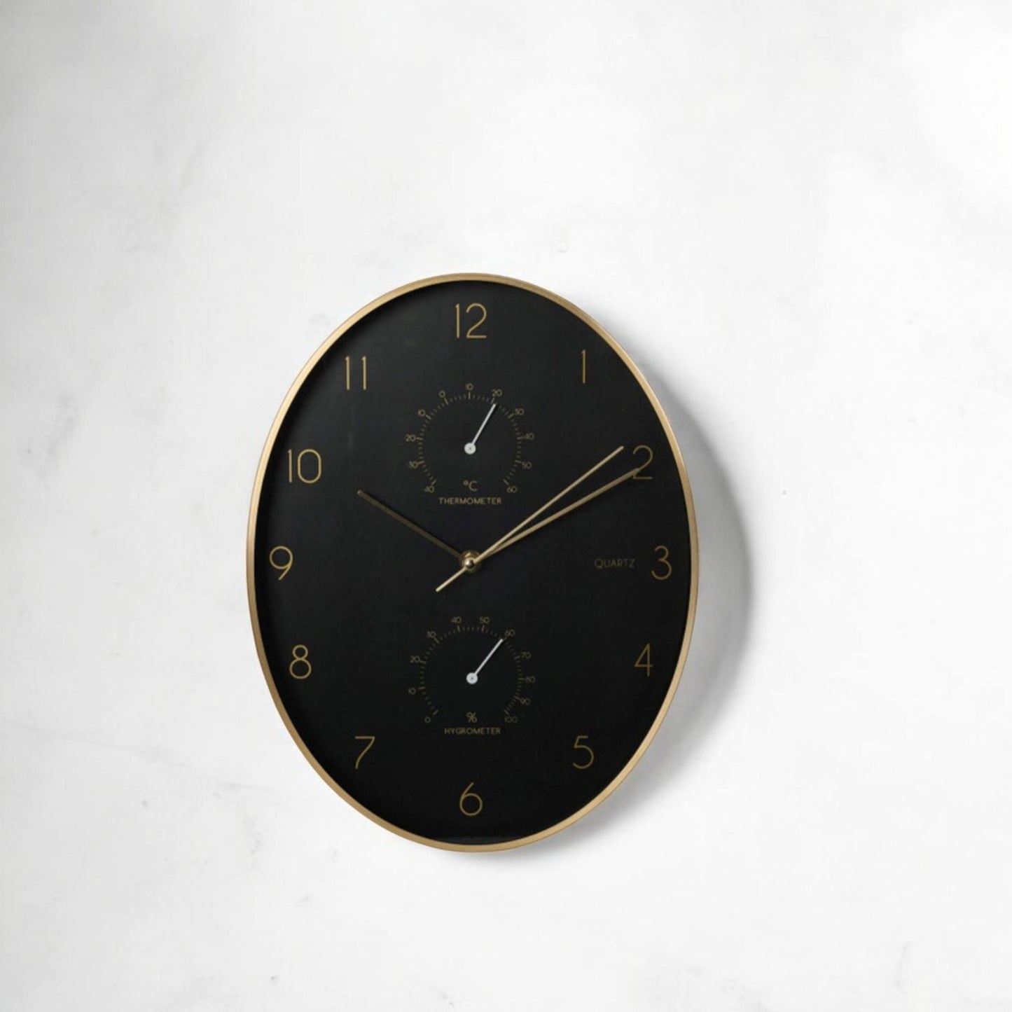 Well Home Reloj De Pared Moderno Con Termómetro E Higrómetro De Borde Dorado 34,5x27,1cm_3