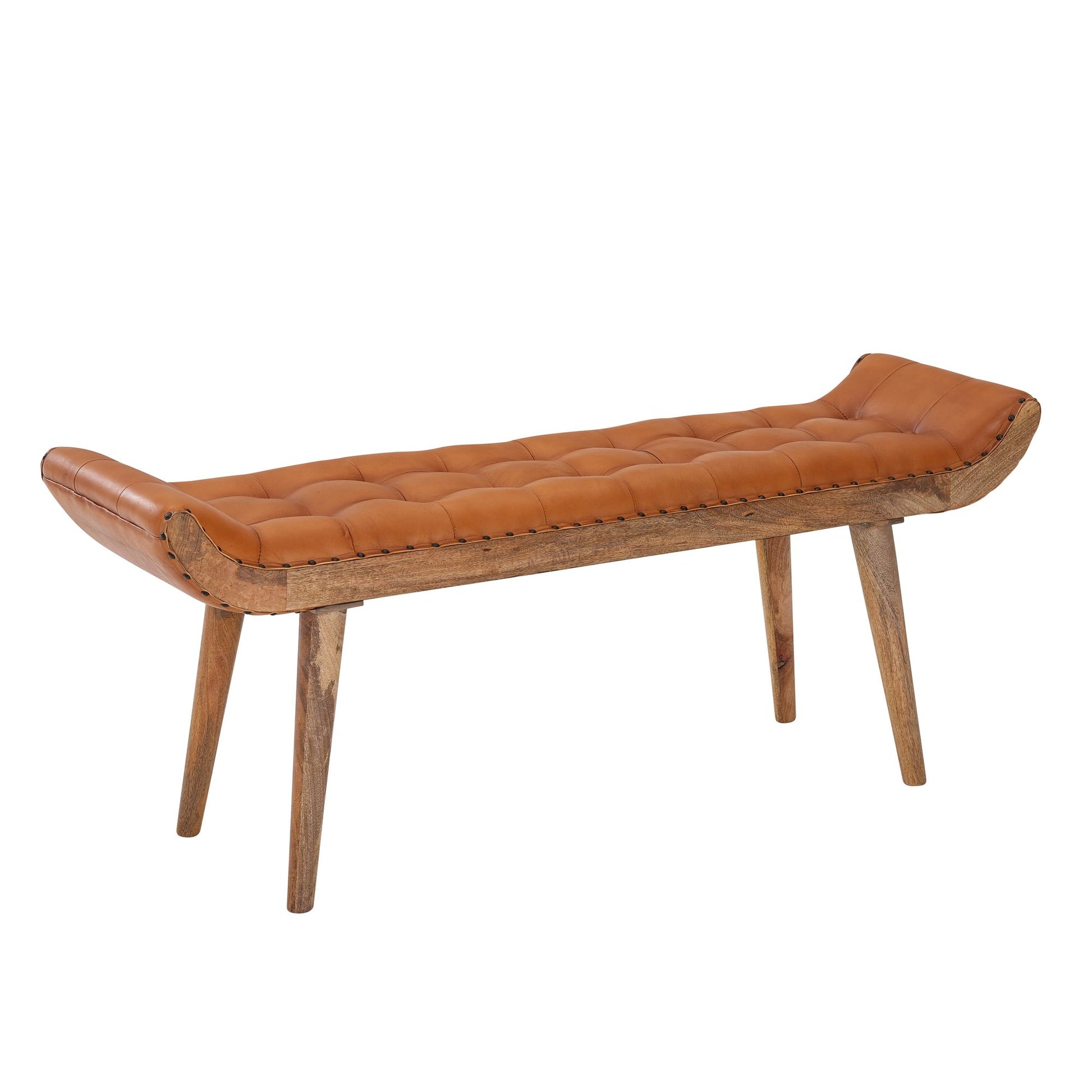 Banco De Cuero Y Madera Maciza 125x50x38 Cm_0