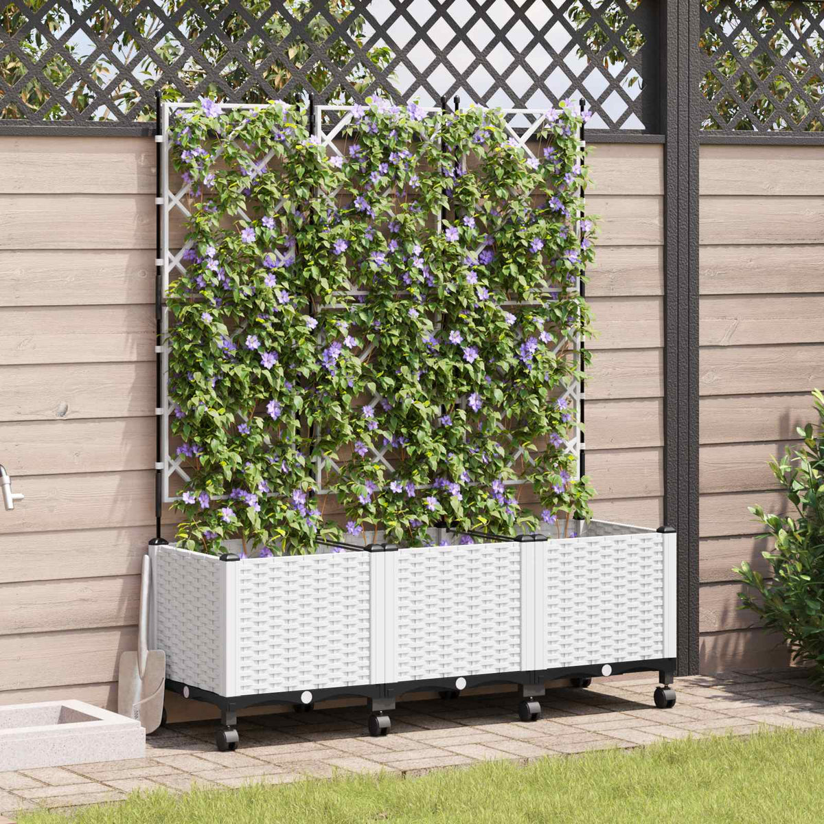 Jardinera Con Enrejado Y Ruedas 3 Uds. Blanco 120 X 40 X 149 Cm_1