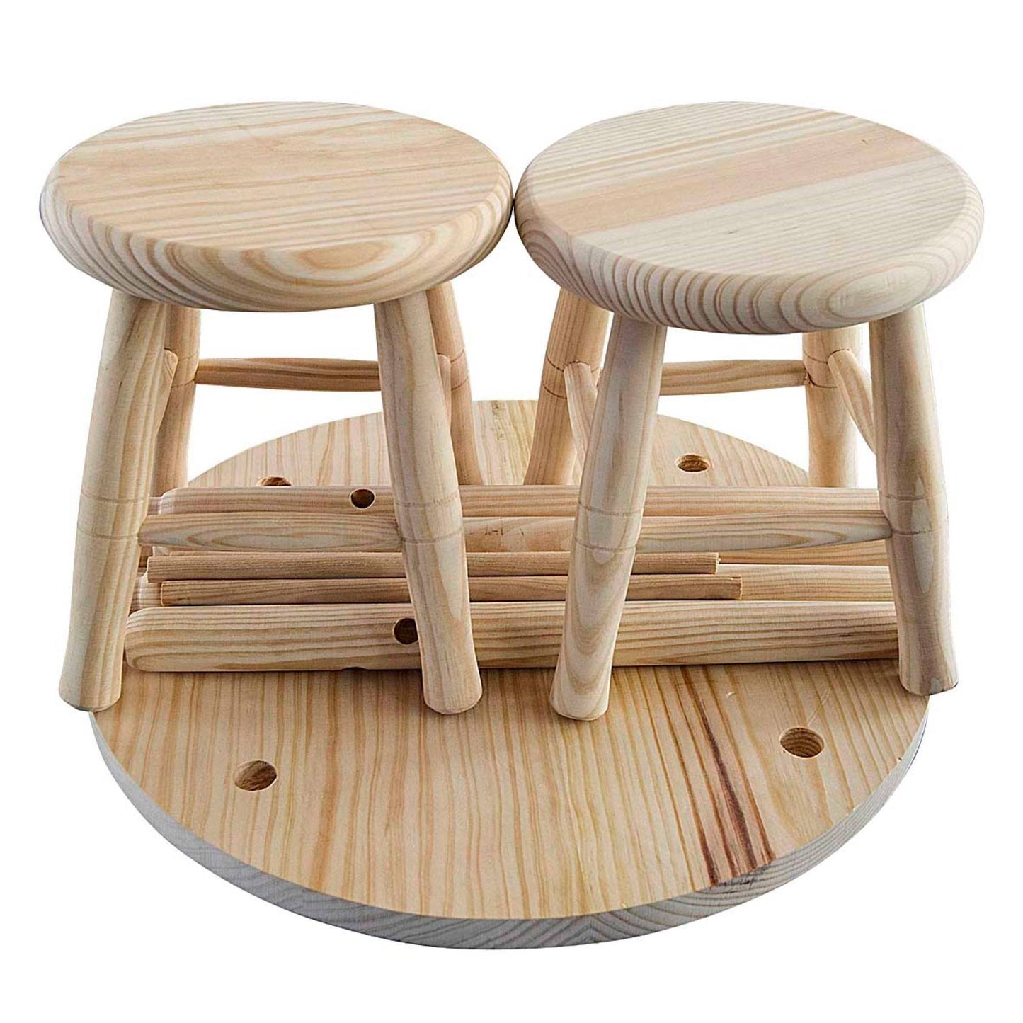 Conjunto Infantil Redondo Mesa Y 2 Taburetes En Madera De Pino