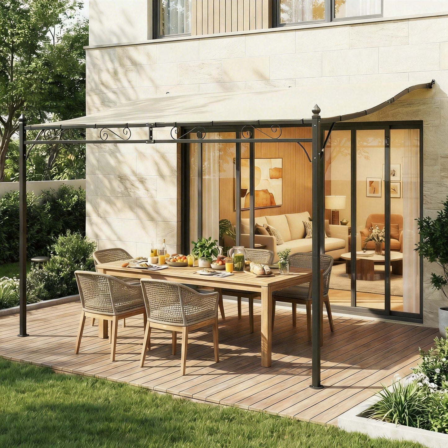 Outsunny Pérgola De Pared 2,5x3,5 M Con Techo Inclinado Marco Metálico Crema_4