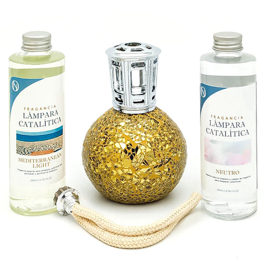 Pack Lámpara Catalítica Mosaico Dorado + Fragancia Mediterranean Light 200ml + Limpiador Neutro 200ml + Mecha Repuesto_0