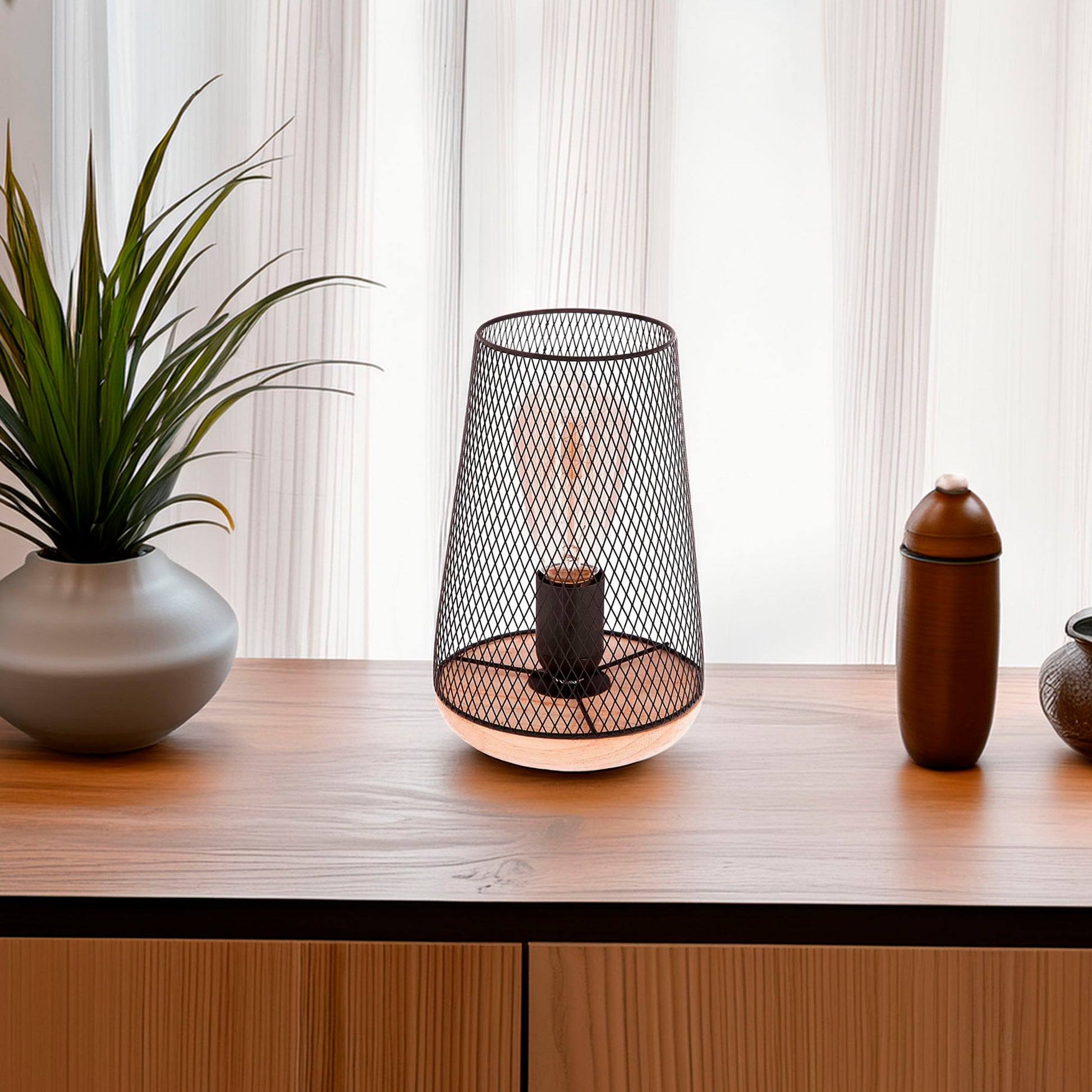 Wellhome Lámpara Metal Madera Negra H.23cm_2