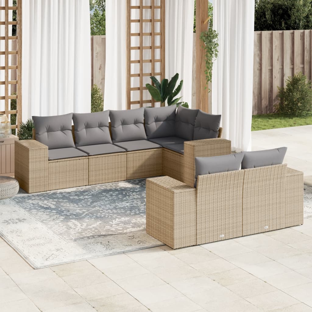 Set Sofás De Jardín 7 Piezas Y Cojines Ratán Sintético Beige / Vetonek_1