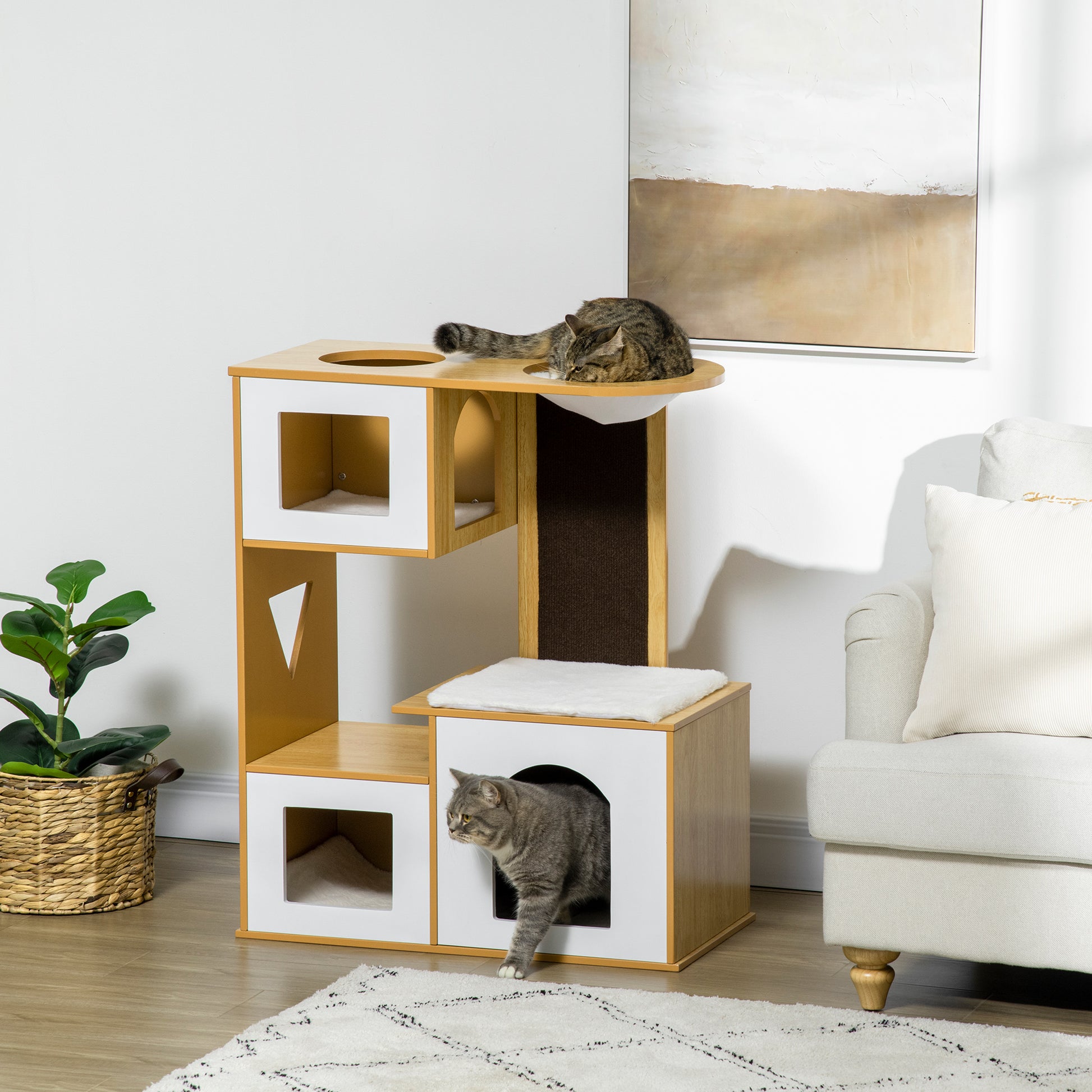 Pawhut Árbol Rascador Para Gatos Altura 92,5 Cm Con 3 Casetas De Madera Cojines_1