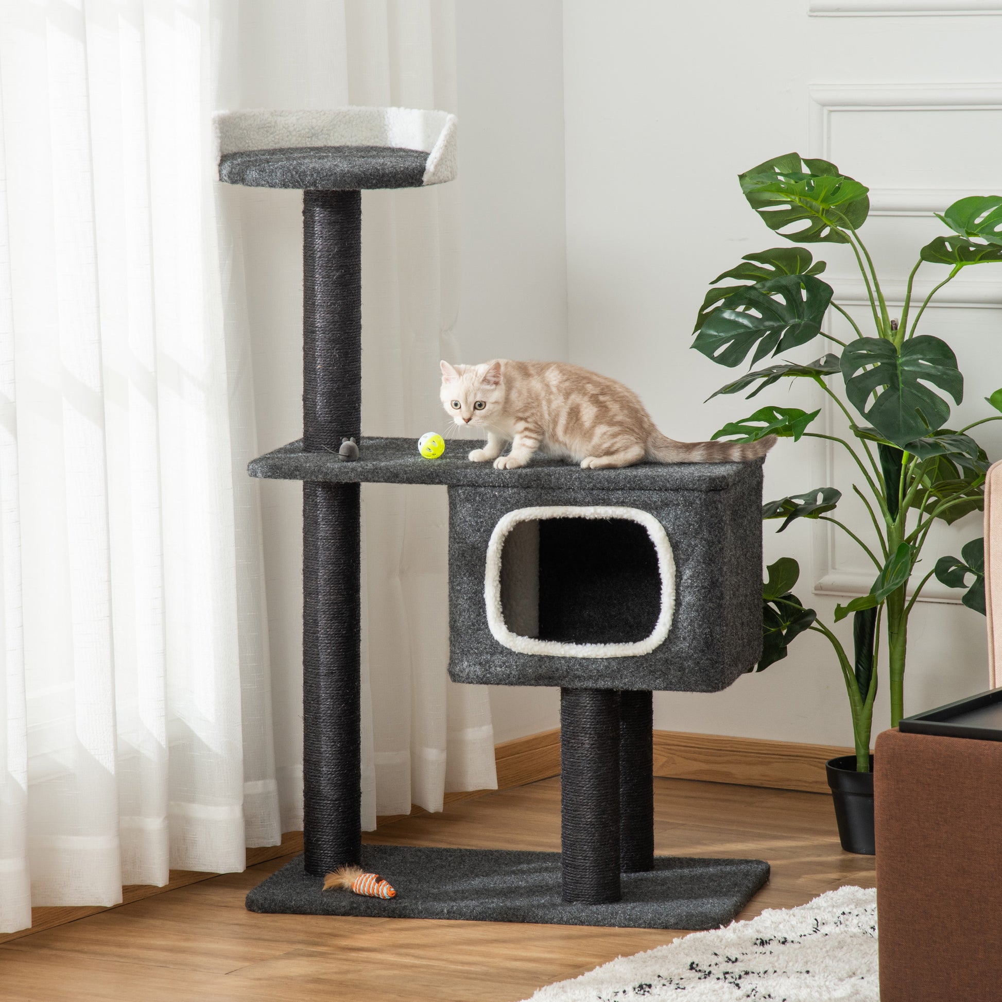 Pawhut Árbol Para Gatos 70x41x112 Cm Con Cueva Plataformas Y Postes Rascadores_1