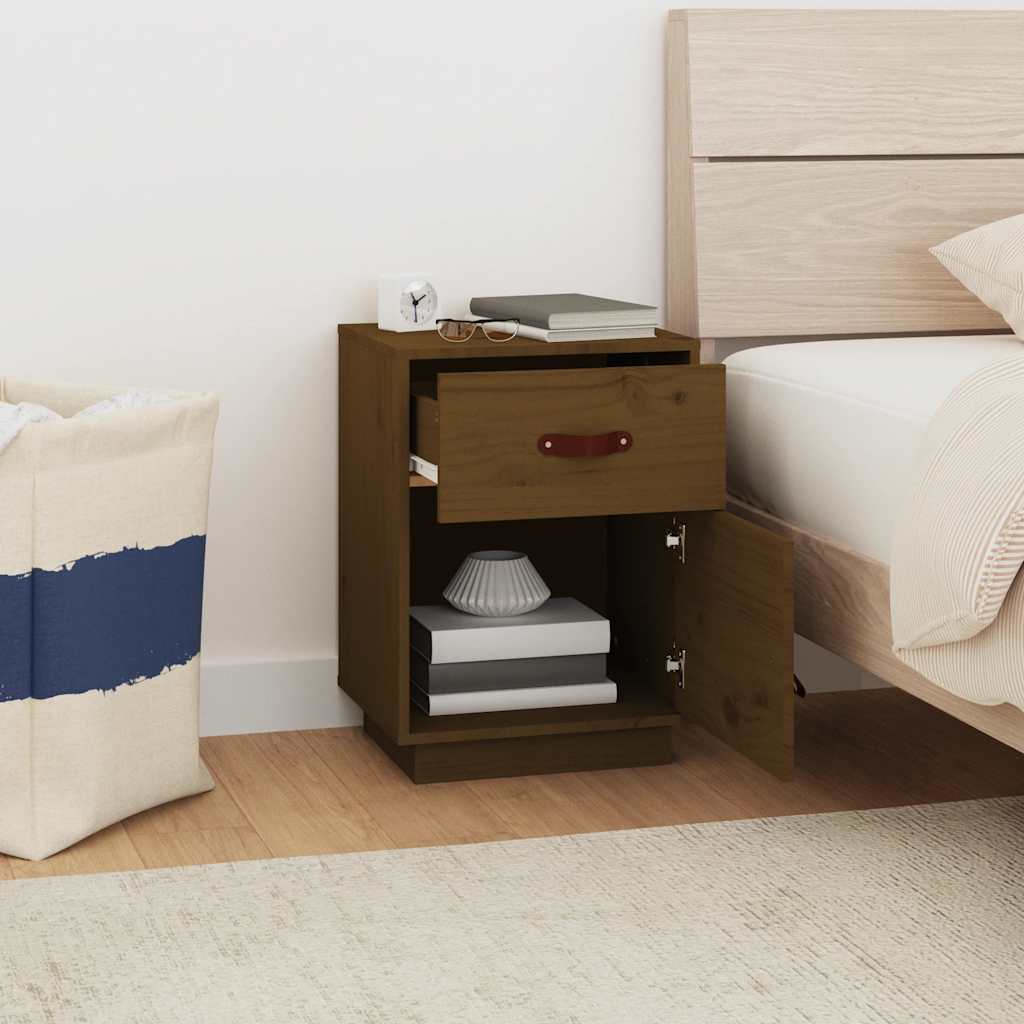 Mesita De Noche Madera Maciza De Pino Marrón Miel 40x34x55 Cm_1