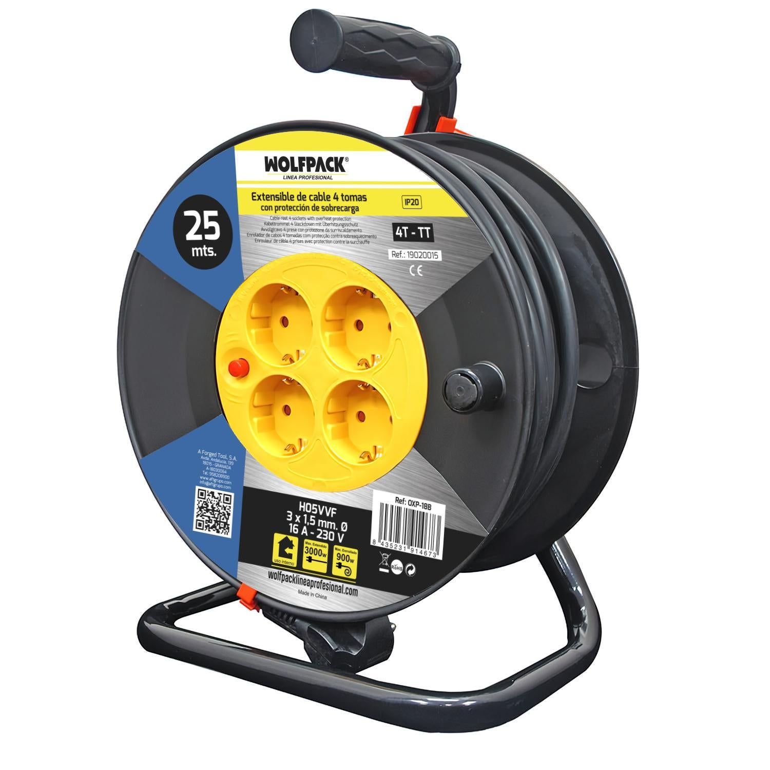 Extensible Industrial 4 Tomas 25 Metros 3 X 1,5 Mm. Con Protección Sobrecarga