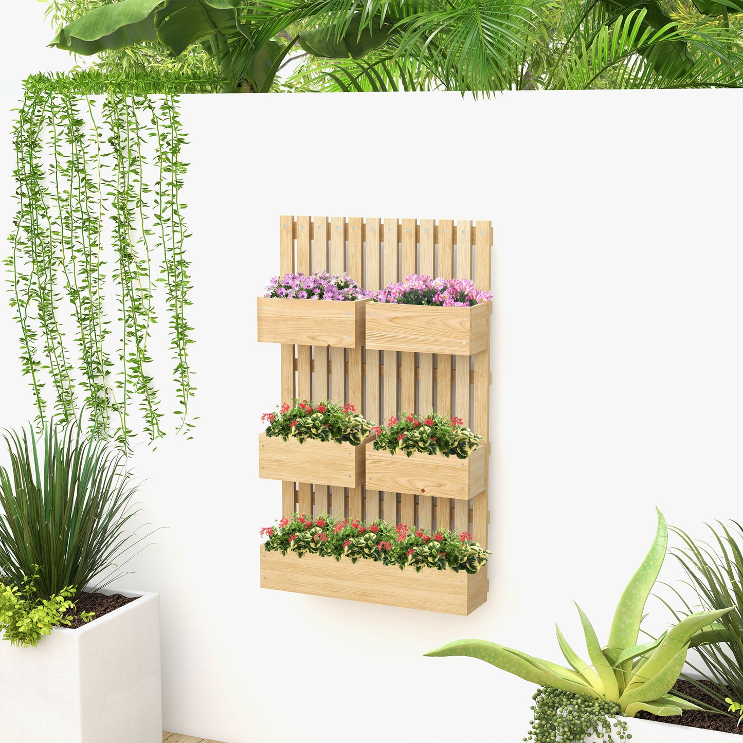 Outsunny Jardinera De Pared Con Enrejado De Madera 5 Macetas Móviles 60x16x100cm_1