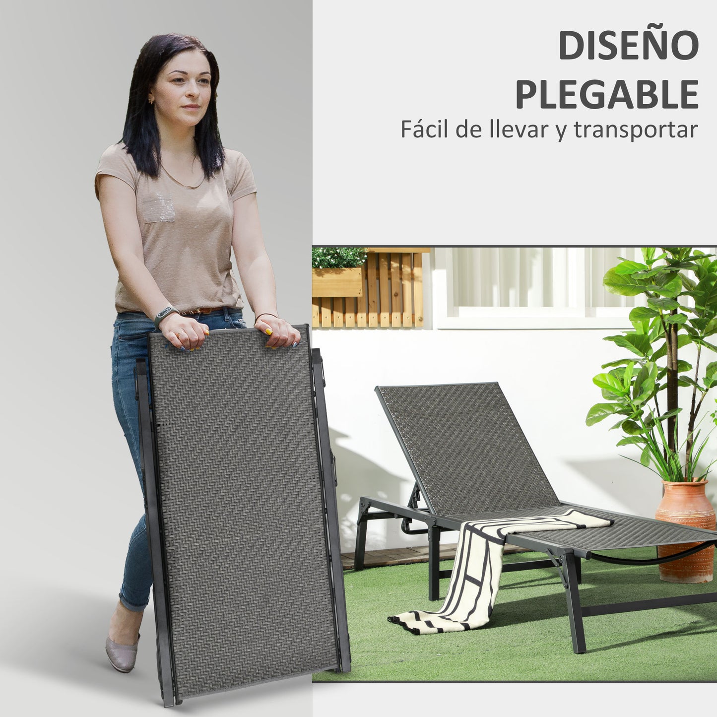 Outsunny Tumbona De Ratán Sintético Plegable Con Respaldo Ajustable Gris Oscuro_5