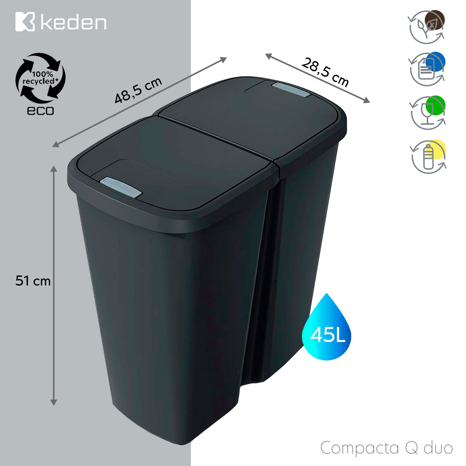 Papelera Con 2 Tapas Independientes Color Negro Keden De 45l._1