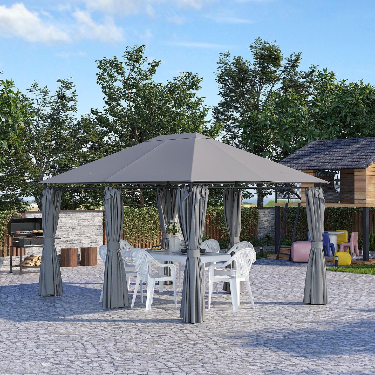 Outsunny Cenador De Jardín 4x3 M Con 6 Paredes Laterales Para Fiestas Gris_1