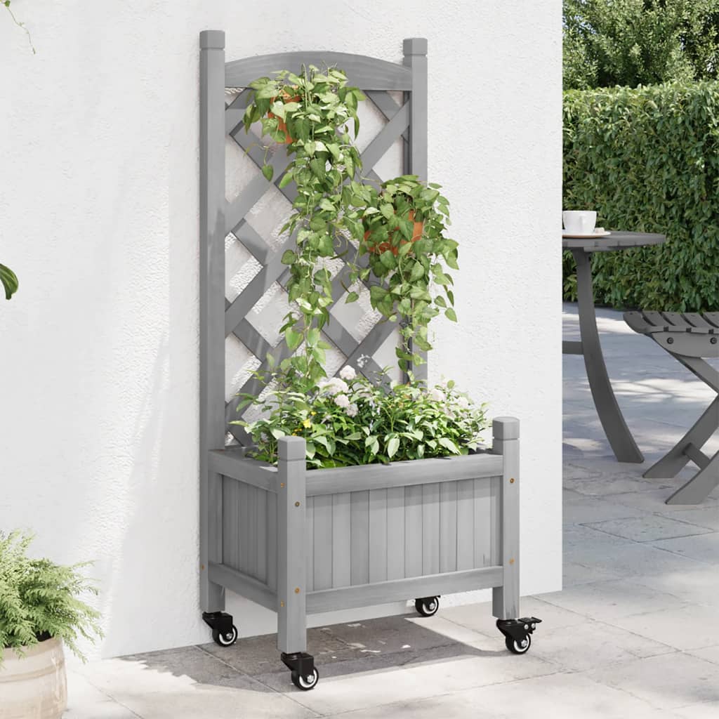 Jardinera Con Enrejado Y Ruedas Madera Maciza De Abeto Gris_1