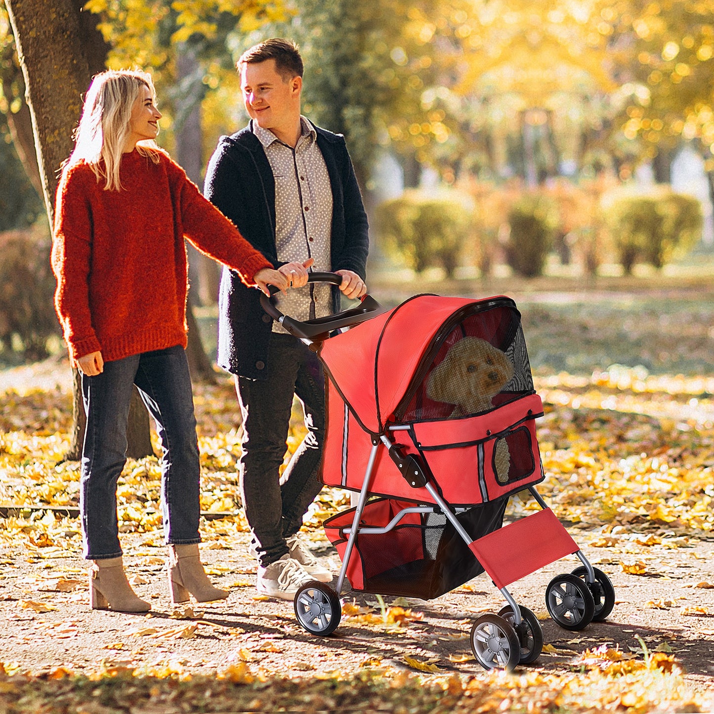 Pawhut Carrito Para Perros Plegable Con Toldo Ajustable 75x45x97 Cm Rojo_1