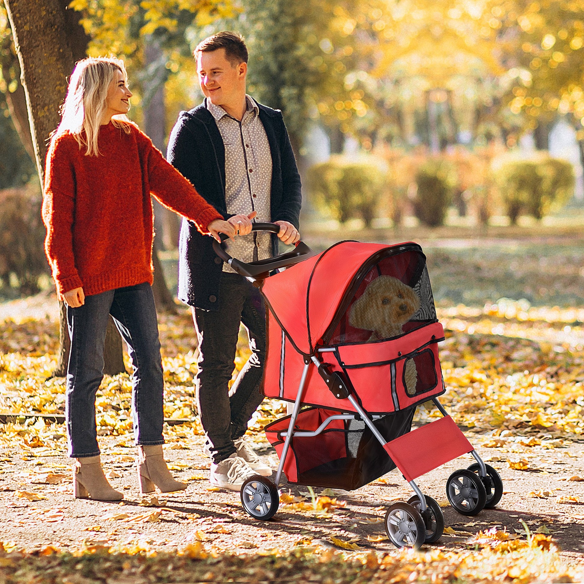 Pawhut Carrito Para Perros Plegable Con Toldo Ajustable 75x45x97 Cm Rojo_1