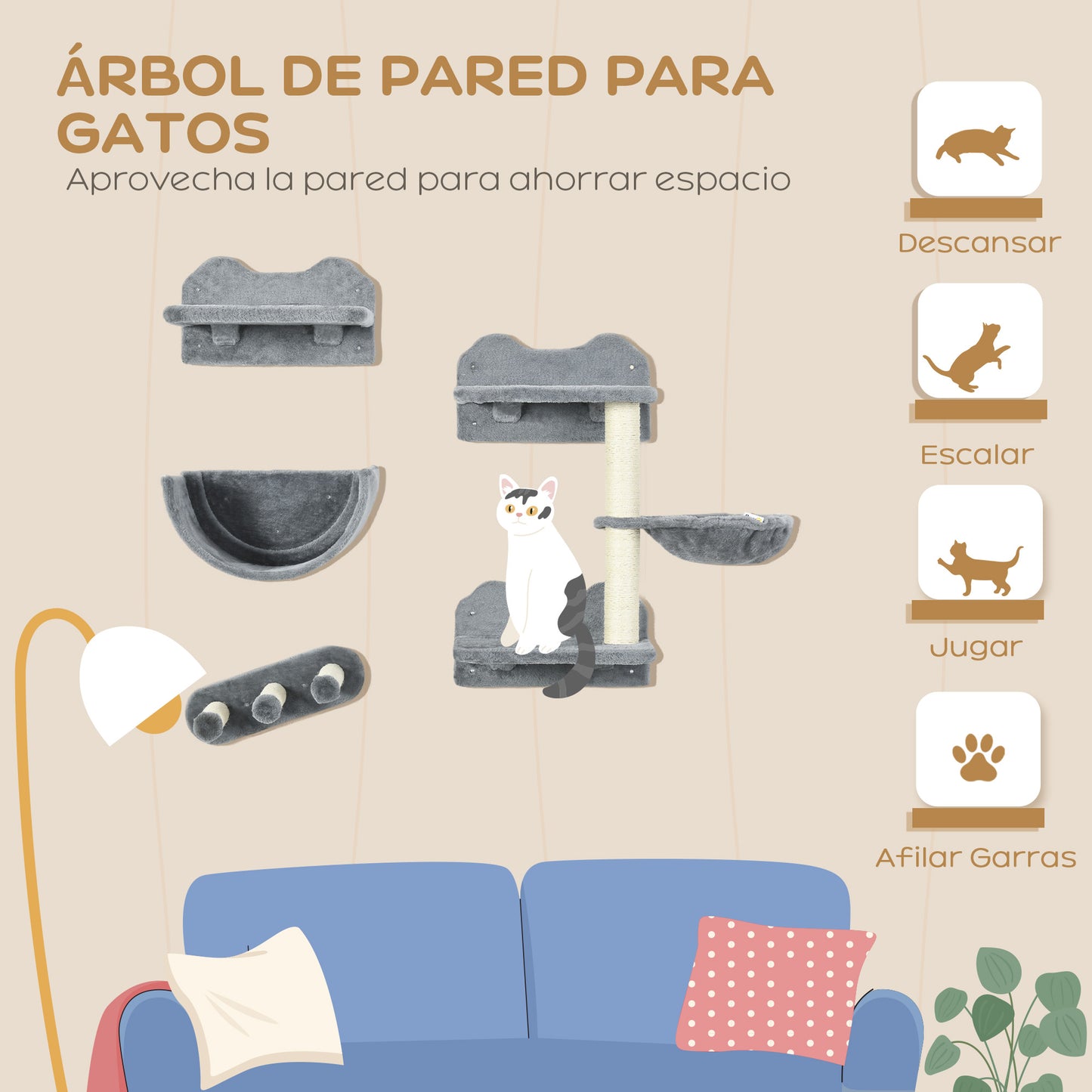 Pawhut Estante De Escalada Para Gatos De Pared Con Hamaca Nido Plataformas Gris_3