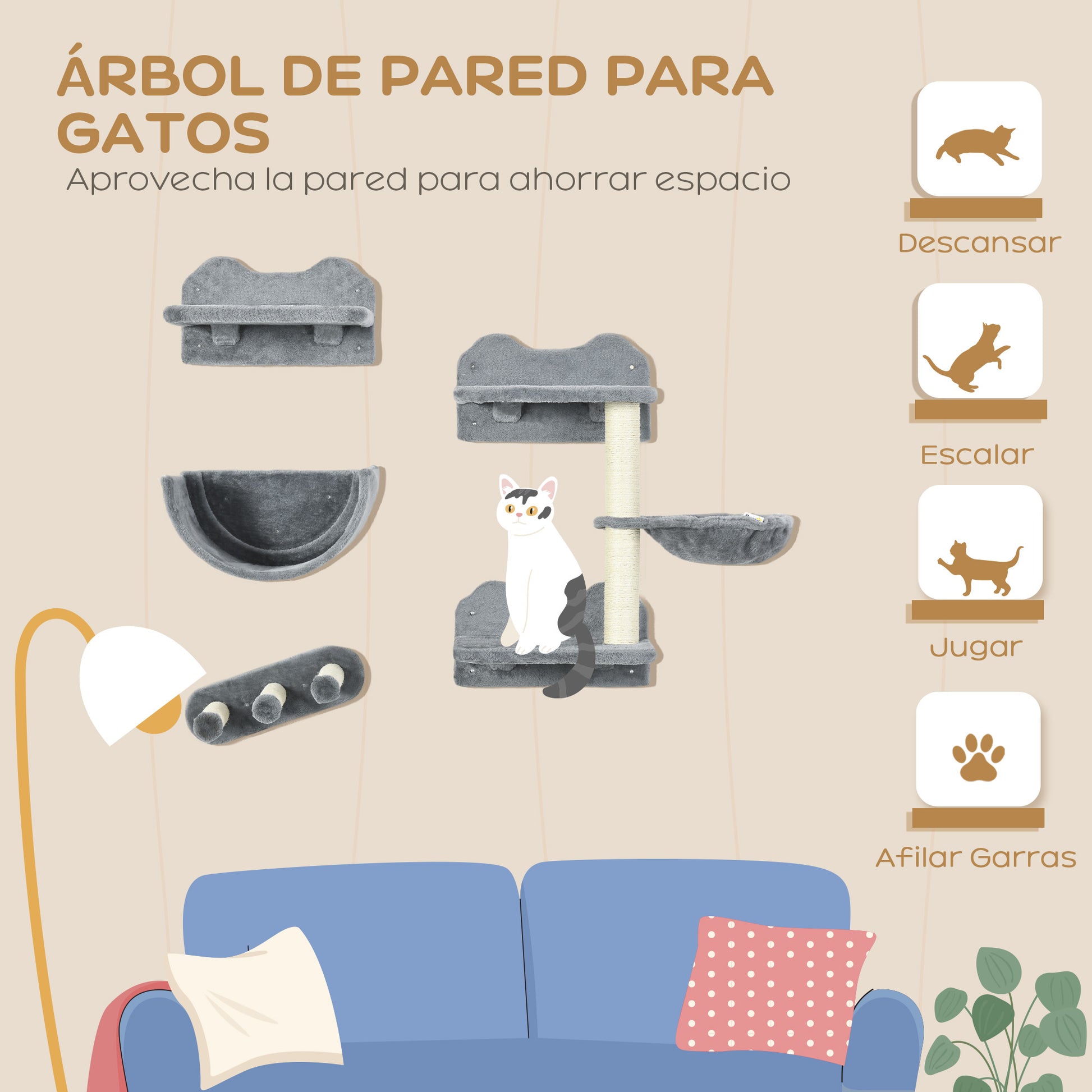 Pawhut Estante De Escalada Para Gatos De Pared Con Hamaca Nido Plataformas Gris_3