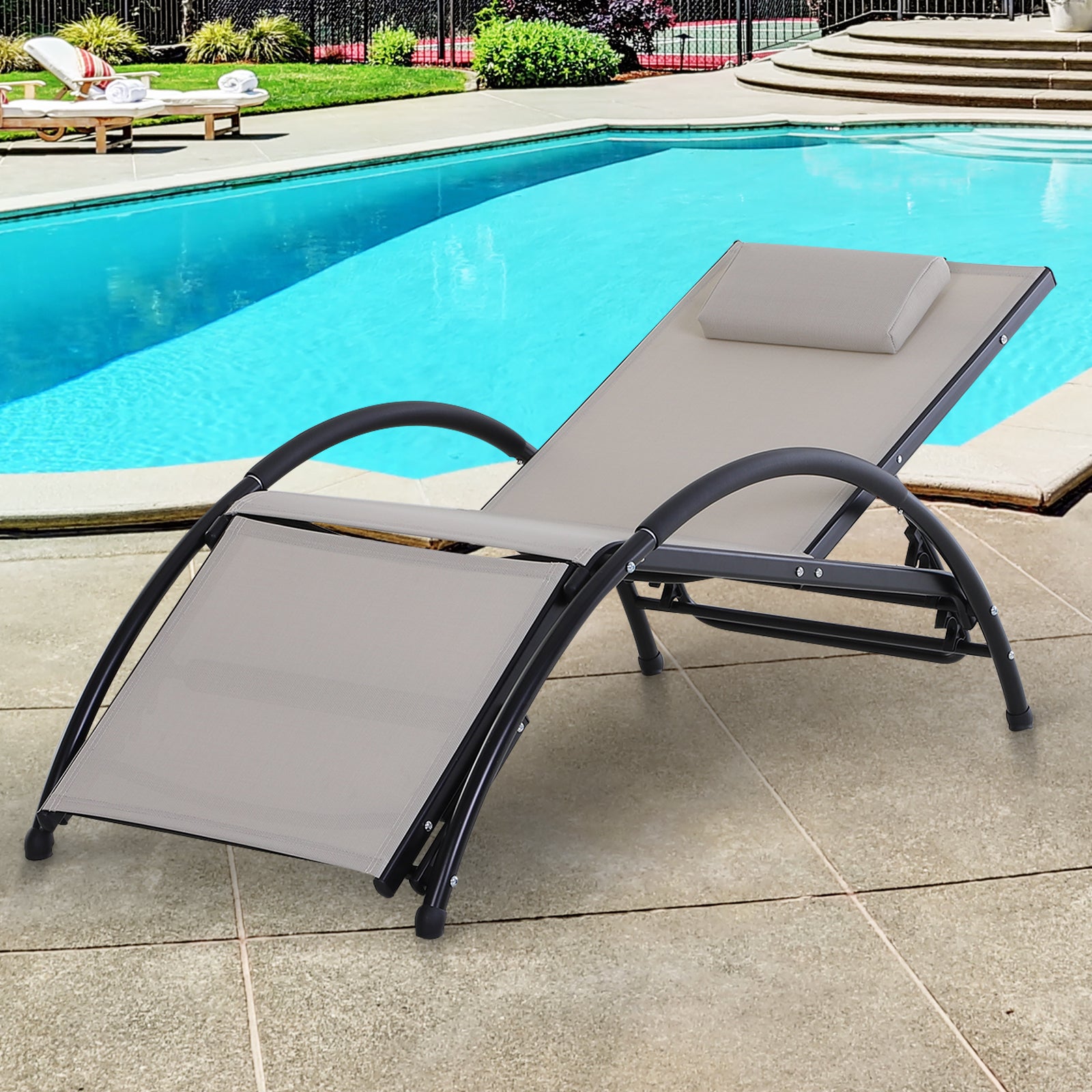 Outsunny Tumbona Jardín Con Respaldo Ajustable Reposapiés Y Reposacabezas Beige_1