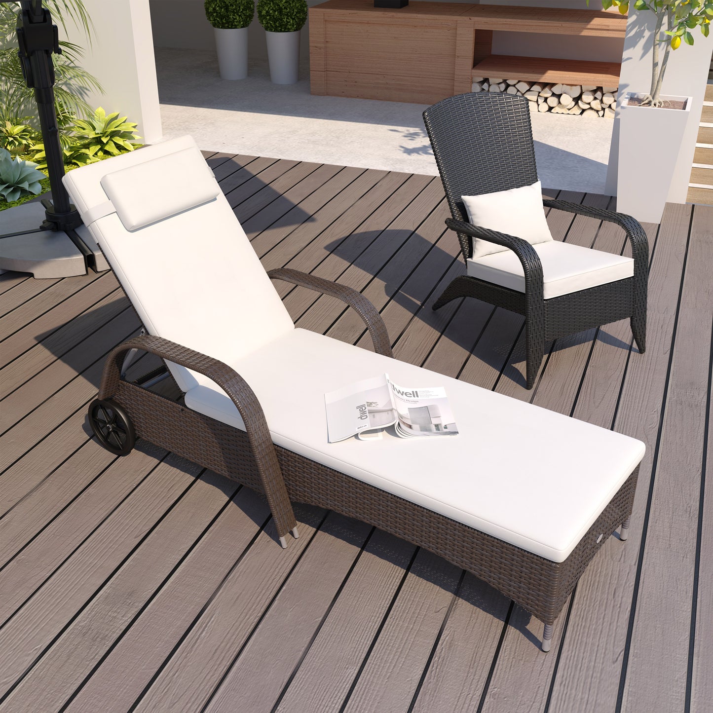 Outsunny Tumbona De Ratán Jardín Con Respaldo Ajustable Cojines 2 Ruedas Marrón_1