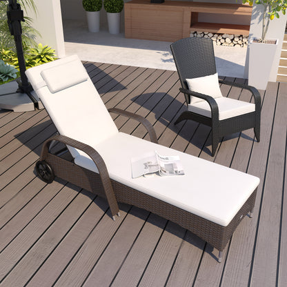 Outsunny Tumbona De Ratán Jardín Con Respaldo Ajustable Cojines 2 Ruedas Marrón_1