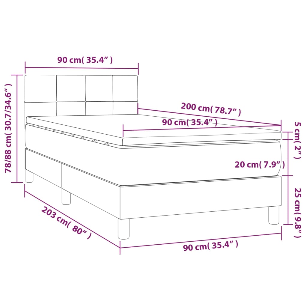 Cama Box Spring Con Colchón Led Tela Gris Taupe 90x200 Cm / Vetonek_1