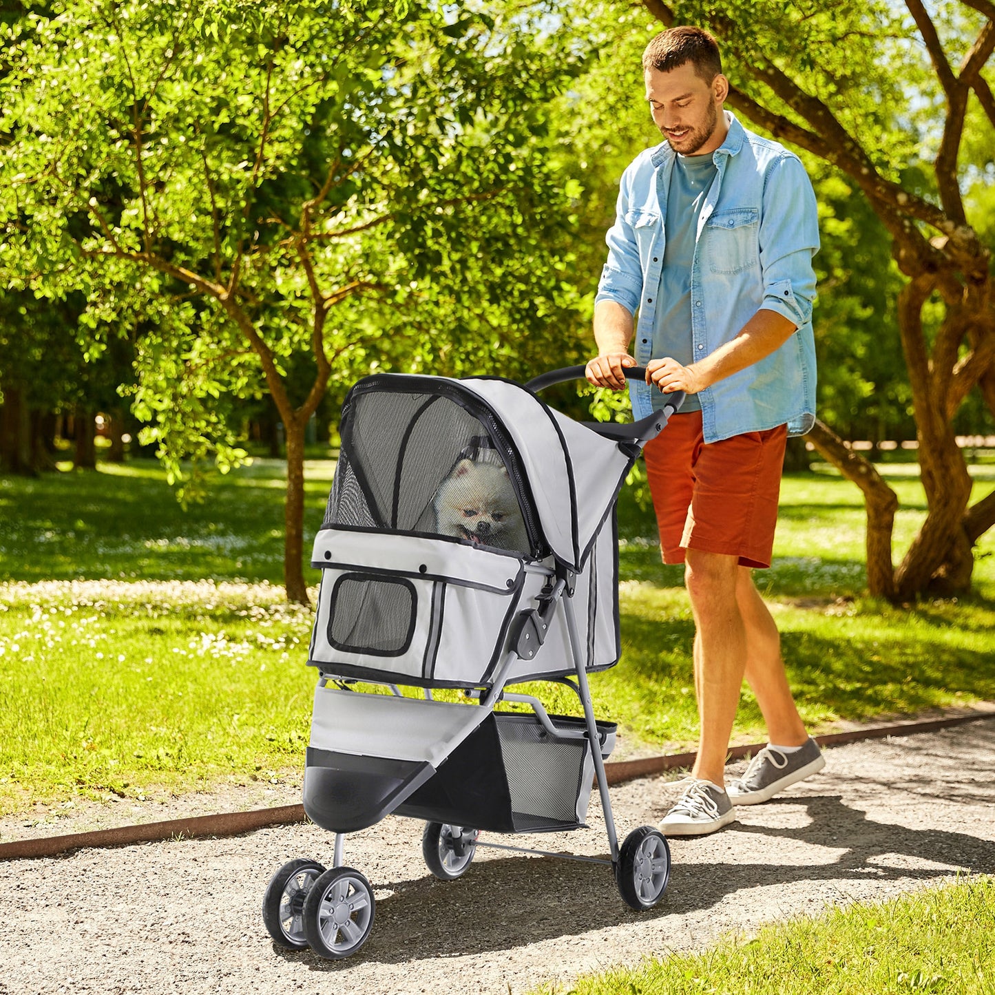 Pawhut Carrito Para Perros Plegable Con Cesta De Almacenaje 75x45x97 Cm Gris_1
