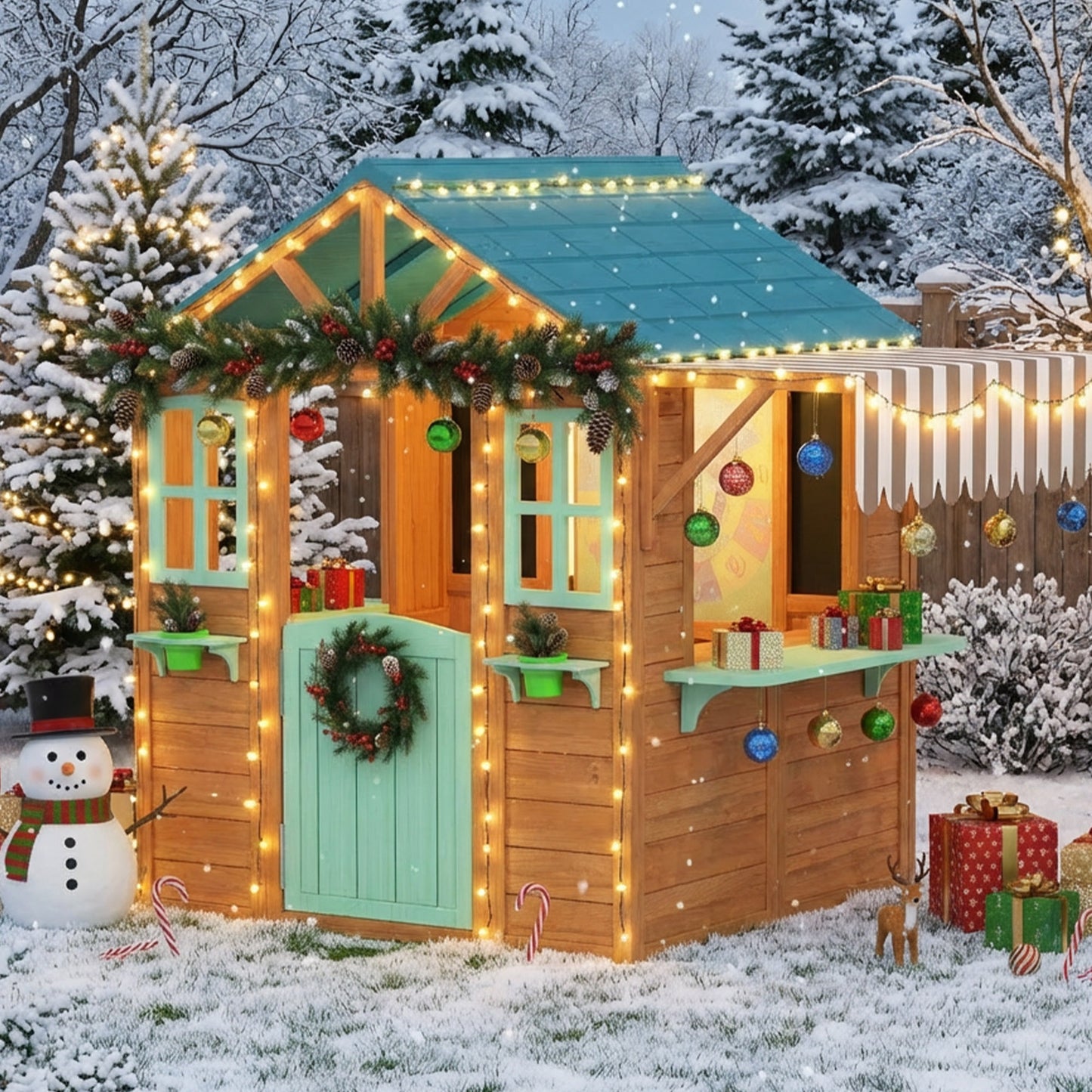 Aiyaplay Casita Infantil Exterior De Madera Con Barra De Snack Maceteros Pizarra_4