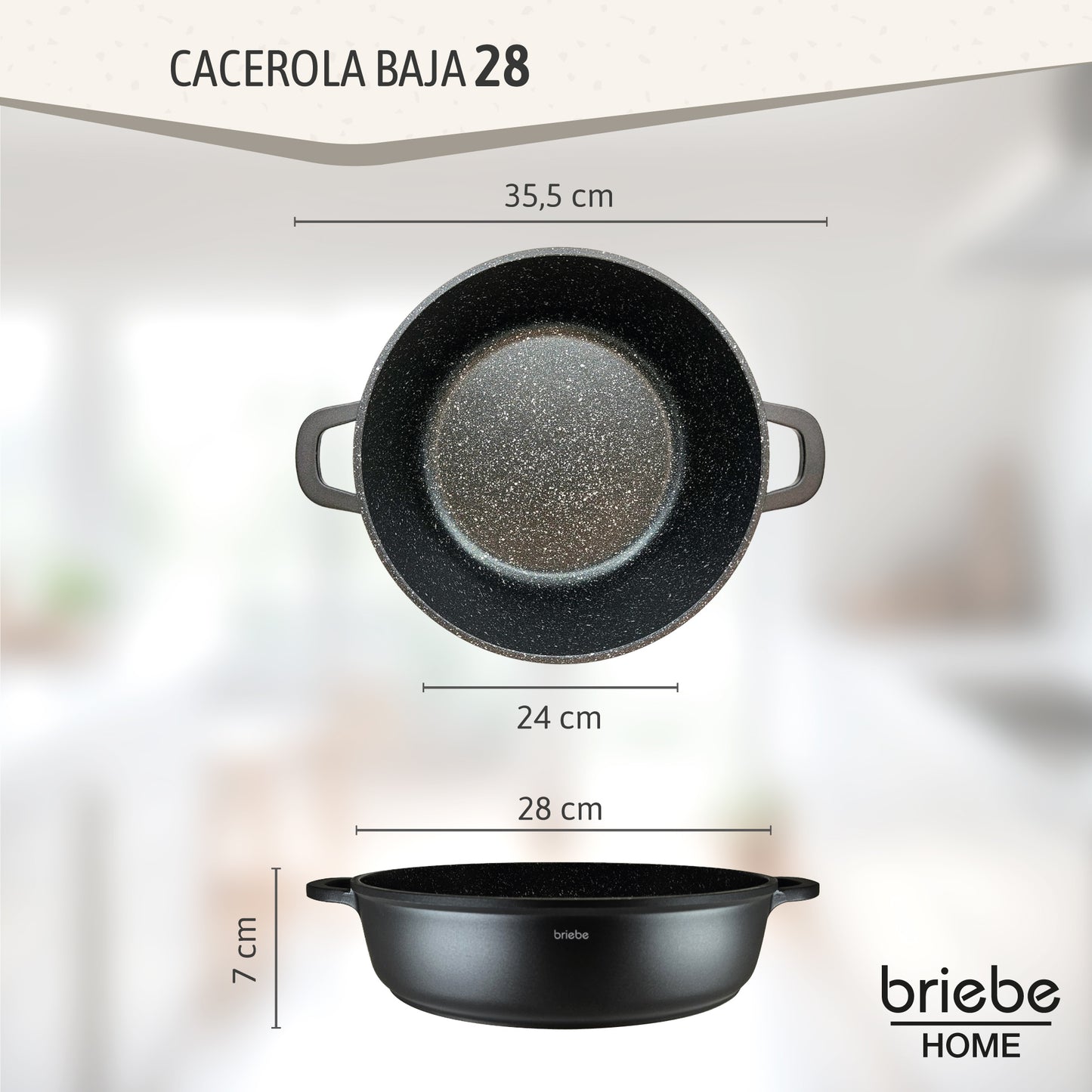 Briebe Cacerola Baja Cocina Inducción Antiadherente Titanio, Cazuela 28cm, Aluminio Fundido Sin Pfoa, Black Titanium_2