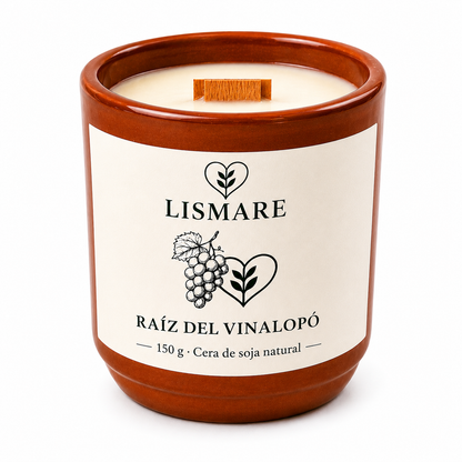 Vela de soja natural sinergia uva " Raíz del Vinalopó " 150 gr - vaso cerámica y mecha madera - Lismare_0