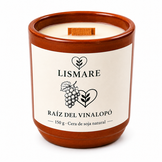 Vela de soja natural sinergia uva " Raíz del Vinalopó " 150 gr - vaso cerámica y mecha madera - Lismare_0